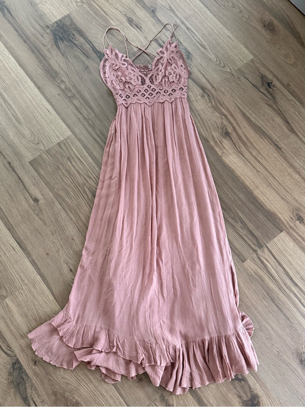 Free People Adella Slip Dress Med Dusty Rose Pink Lace Crochet Boho Maxi Dress